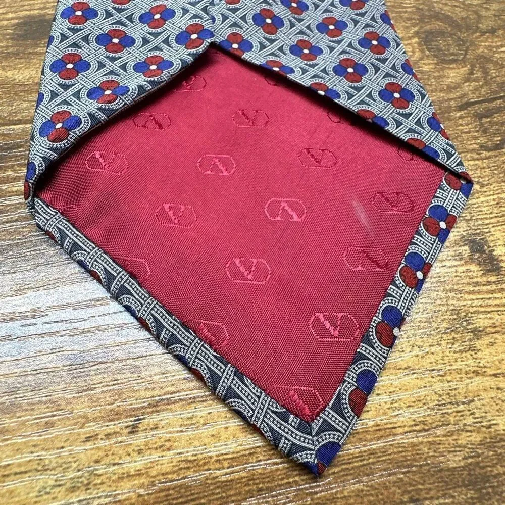 VALENTINO Silk Tie Red Blue Geometric Print NeckTie Made in Italy‎ Cravatte